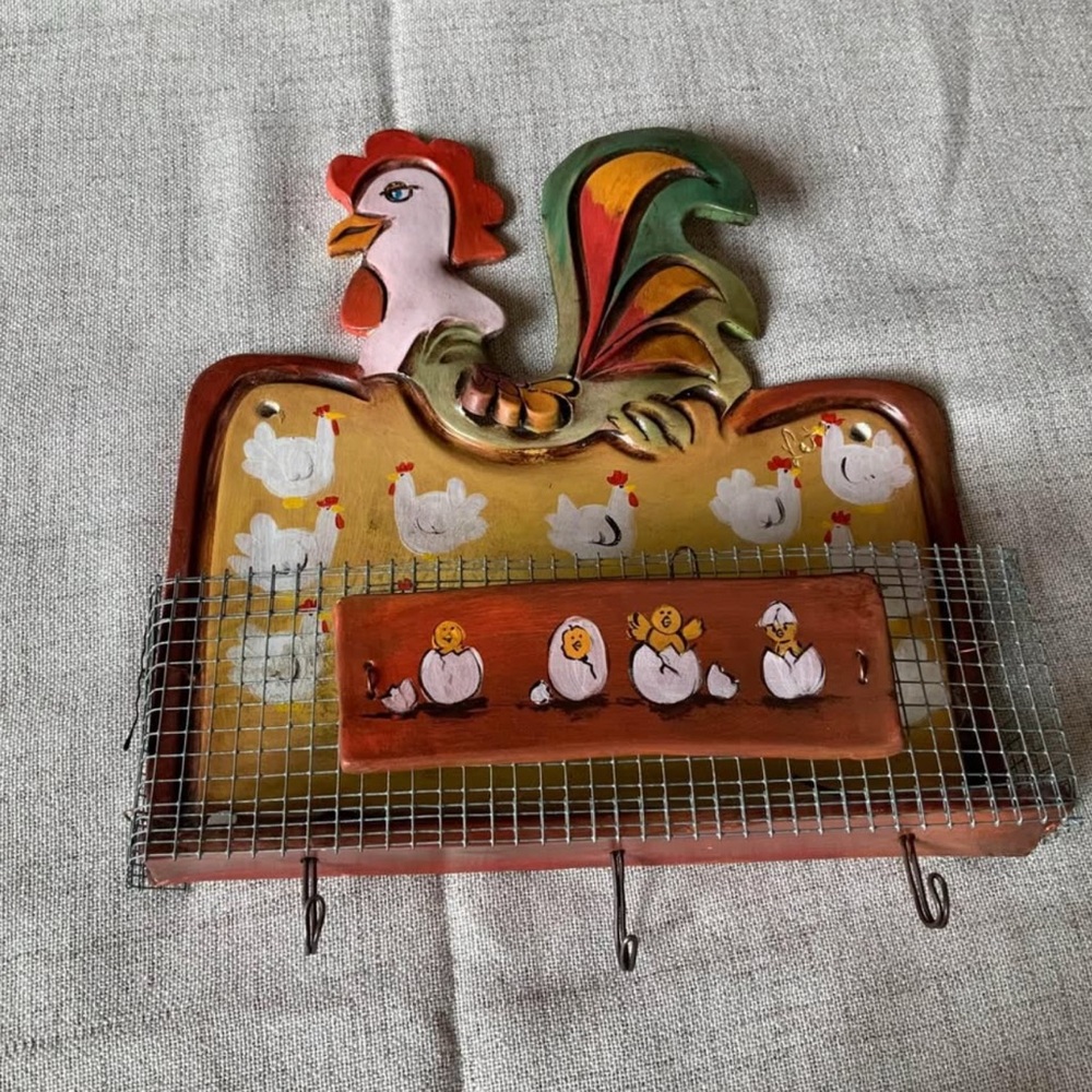 Colorful Rooster Wall Hook Decor key and paper holder